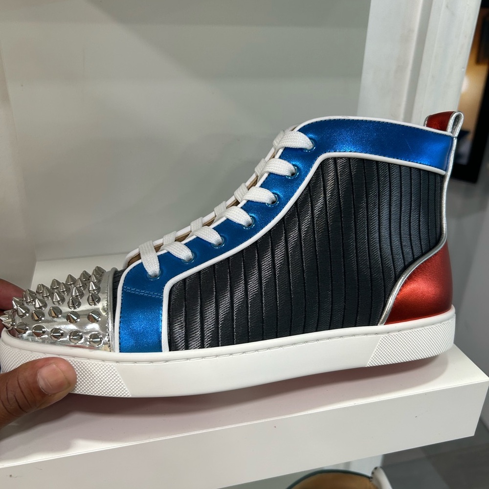Christian Louboutin Blue, Black, and Red Spiked Sneakers